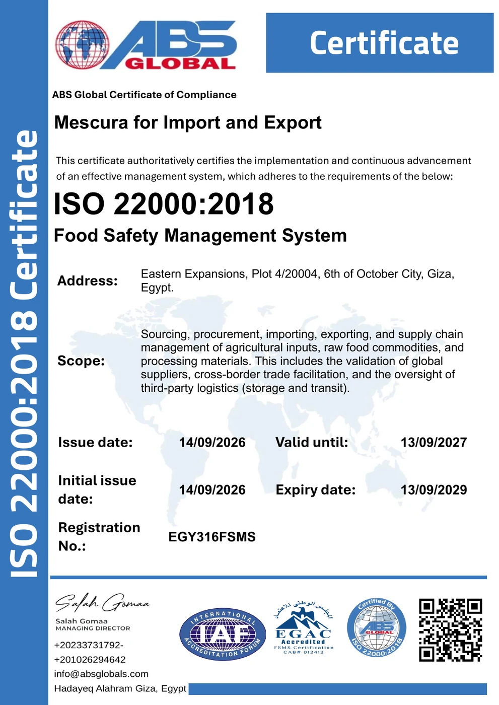 ISO 22000:2018 food and agriculture sourcing credential