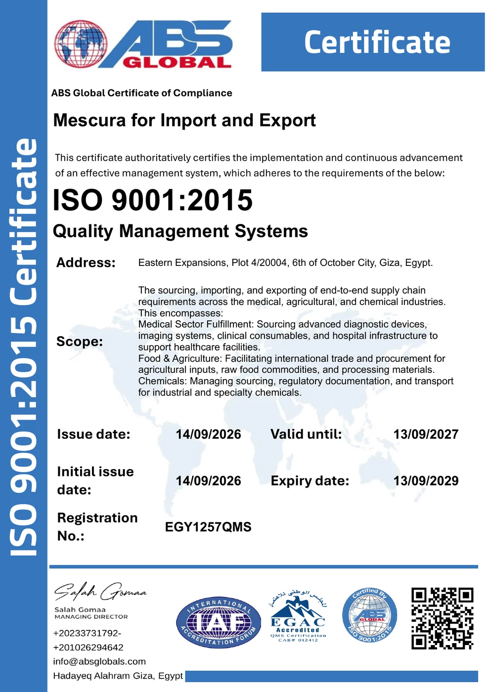 Mescura ISO 9001:2015 certificate preview